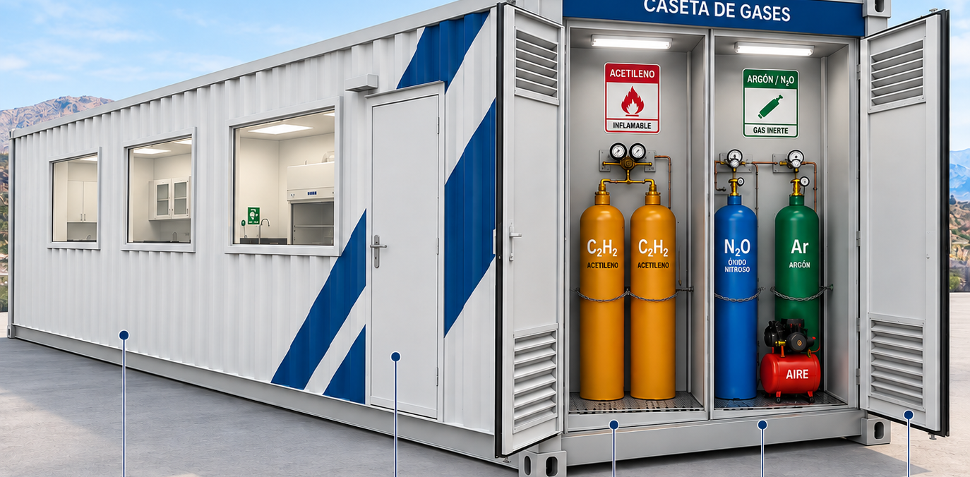 Caseta de gases especiales dentro de contenedor marítimo High Solutions, con sector inflamable de acetileno con central duplex, sector no inflamable de óxido nitroso y argón con centrales simples y compresor de aire, puertas ventiladas y señalización de seguridad