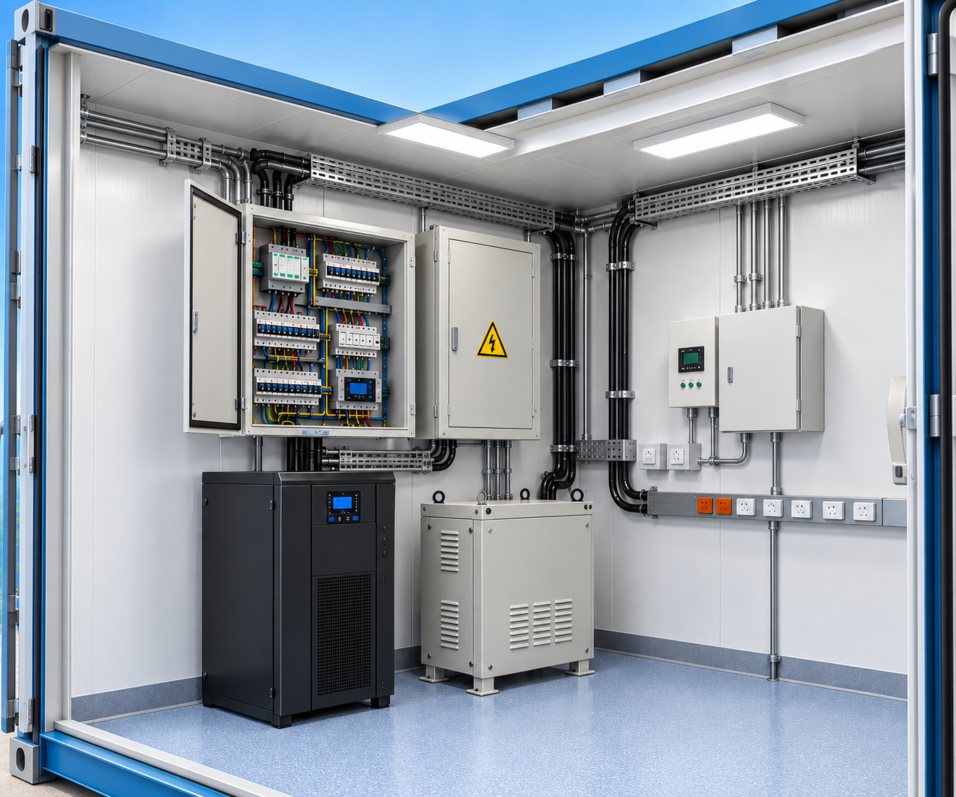 Interior de contenedor marítimo laboratorio High Solutions mostrando tablero eléctrico, protecciones y canalizaciones, transformador de aislación, UPS de respaldo, instrumentación y control, y tomas corrientes para equipos de laboratorio