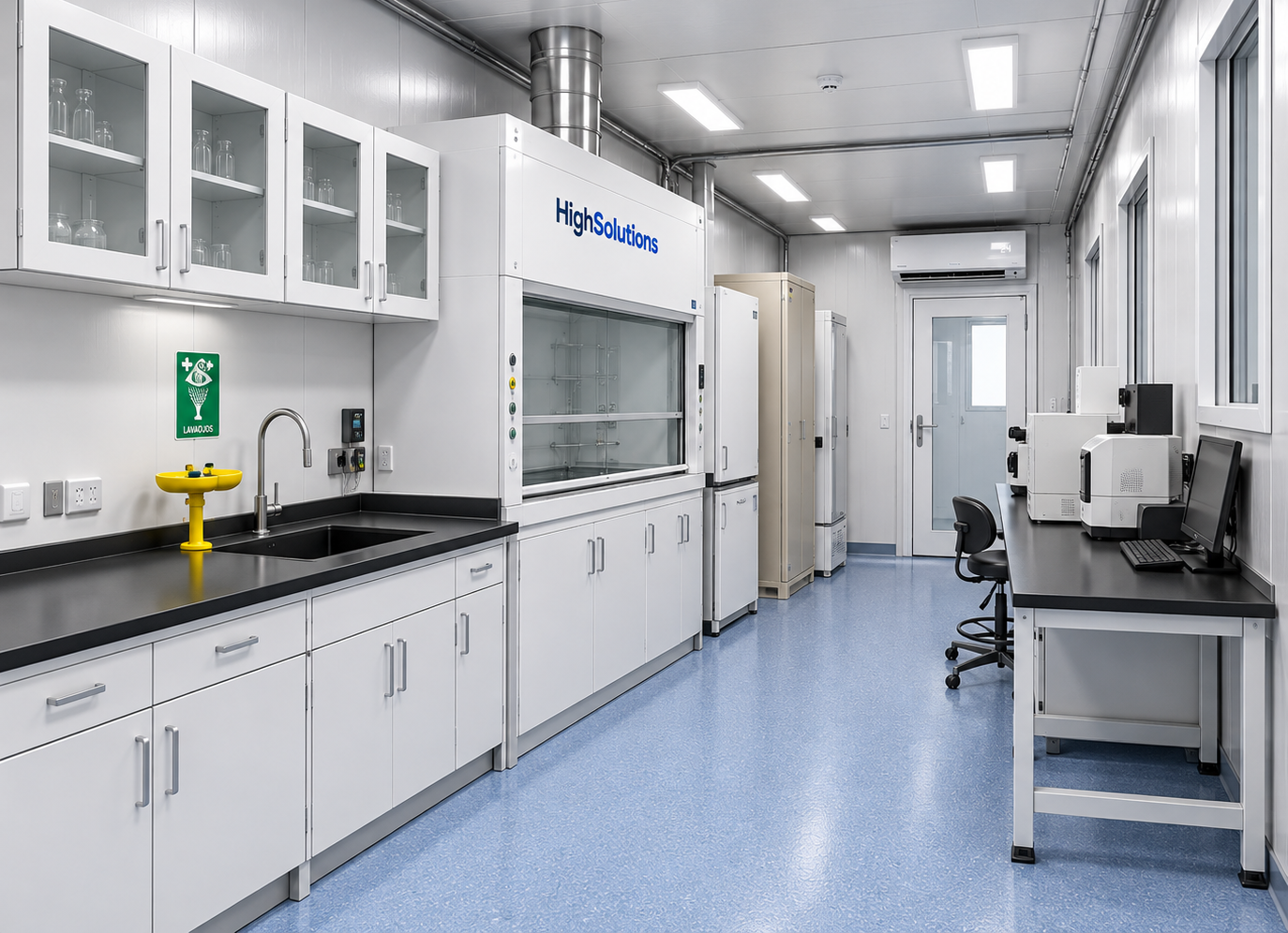 Interior de laboratorio de higiene ocupacional en contenedor de 40 pies High Solutions, con campana extractora de gases, mesones, lavaojos de emergencia, refrigeradores y estación de instrumentos analíticos