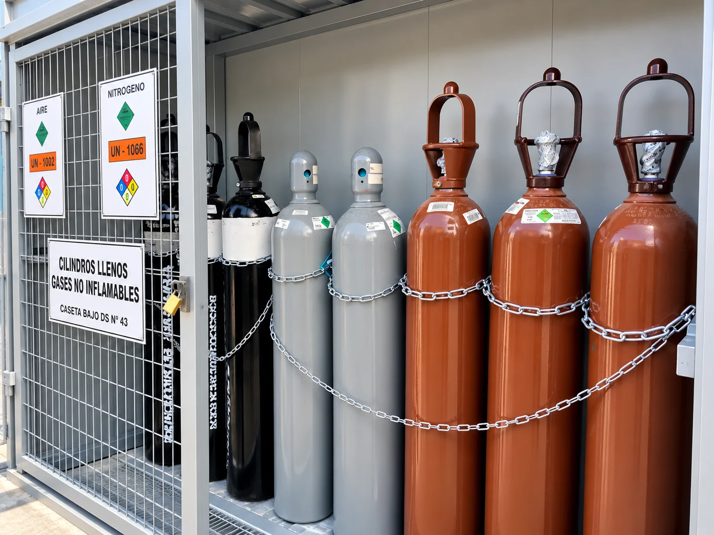 Almacenamiento de cilindros de gases no inflamables en caseta bajo DS N° 43