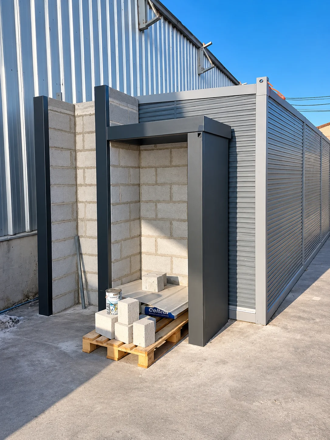 Caseta de gases en construcción con estructura y techumbre metálica