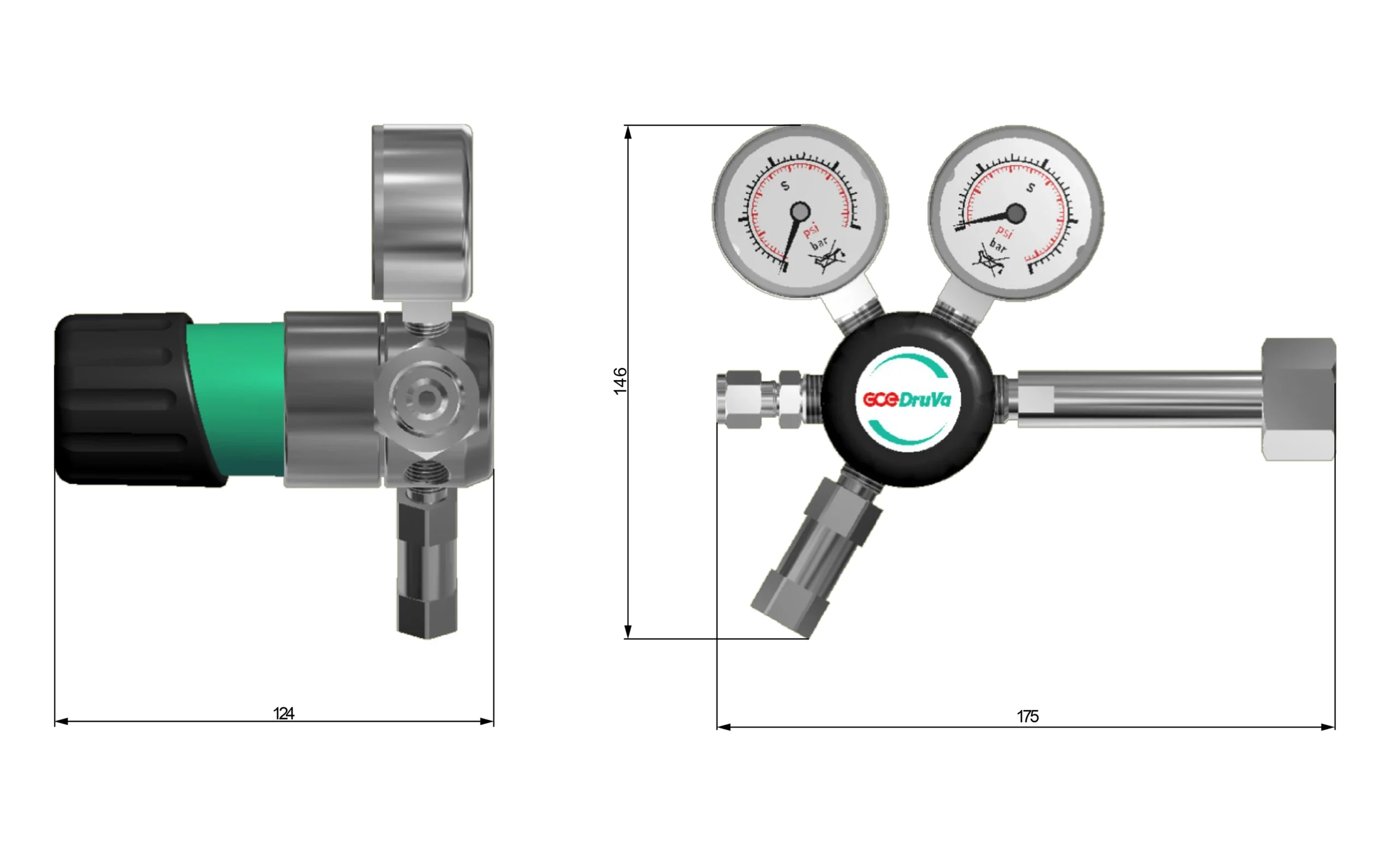 Plano de dimensiones del regulador de cilindro GCE Druva FMD 500: 175 × 146 × 124 mm