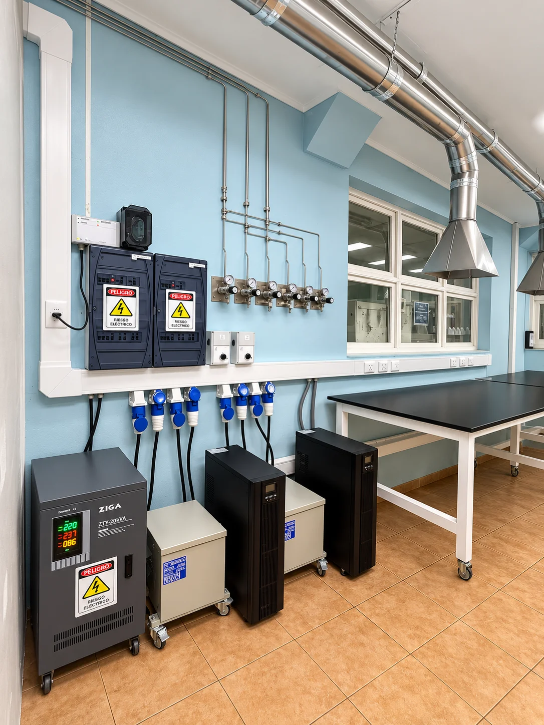 Laboratorio con UPS y transformadores de aislación para equipos sensibles