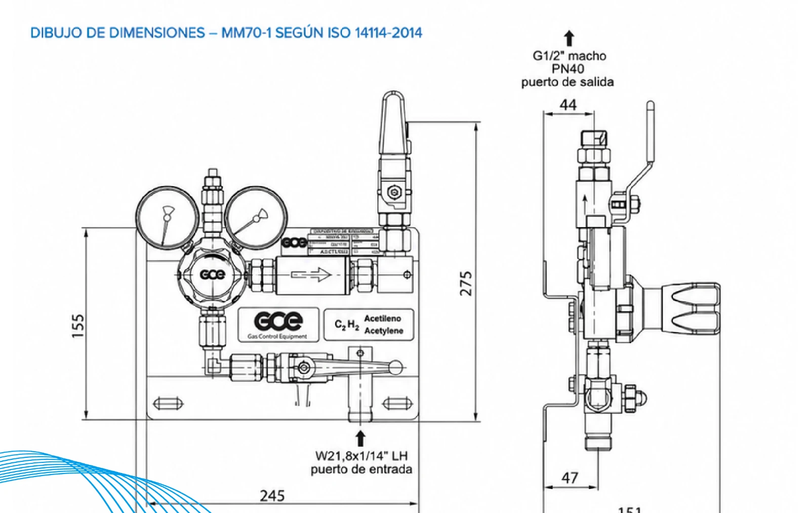 Plano de dimensiones Central de Gases Simple para Acetileno GCE MM70-1