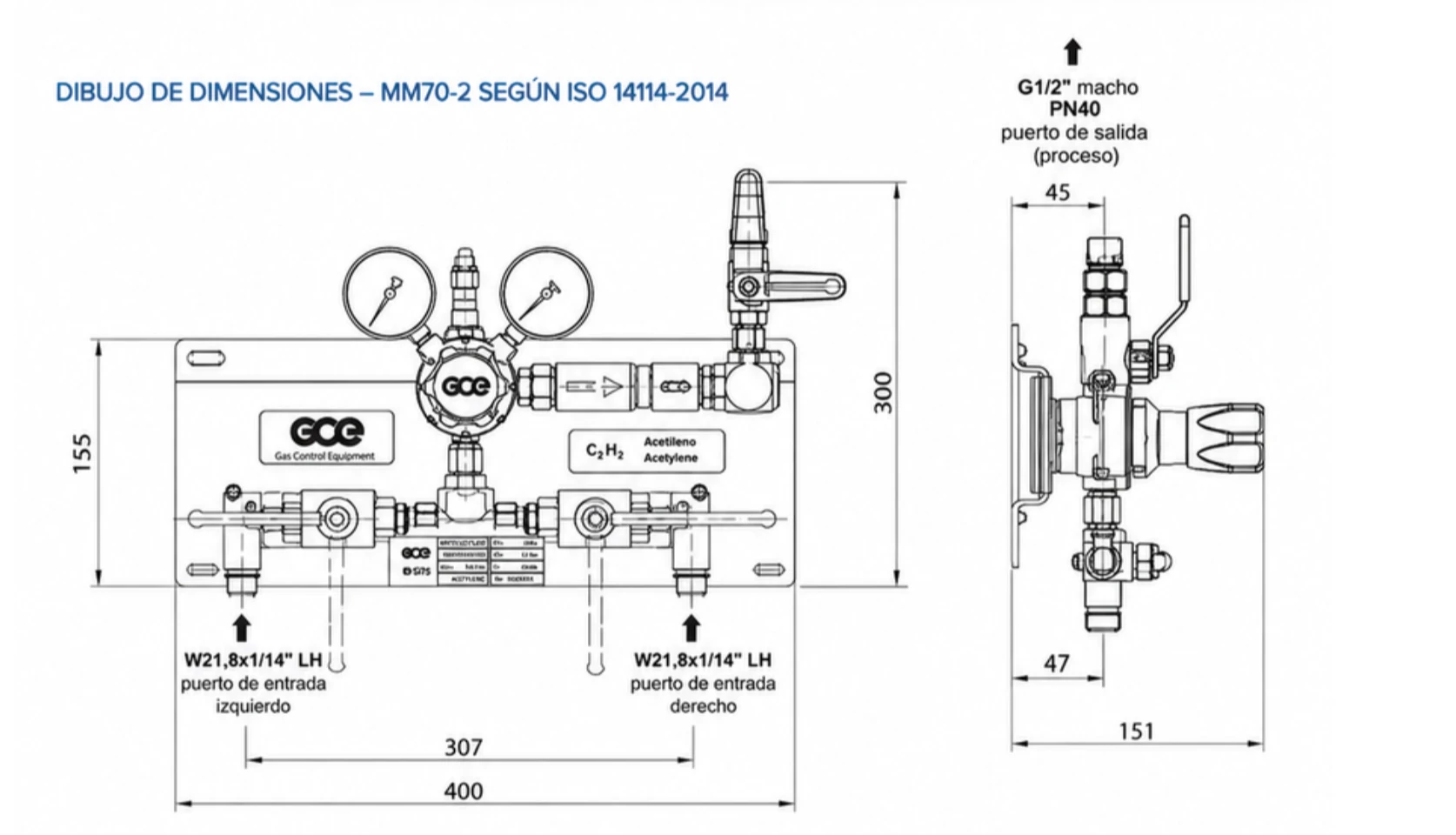 Plano de dimensiones Central de Gases Dúplex Manual para Acetileno GCE MM70-2