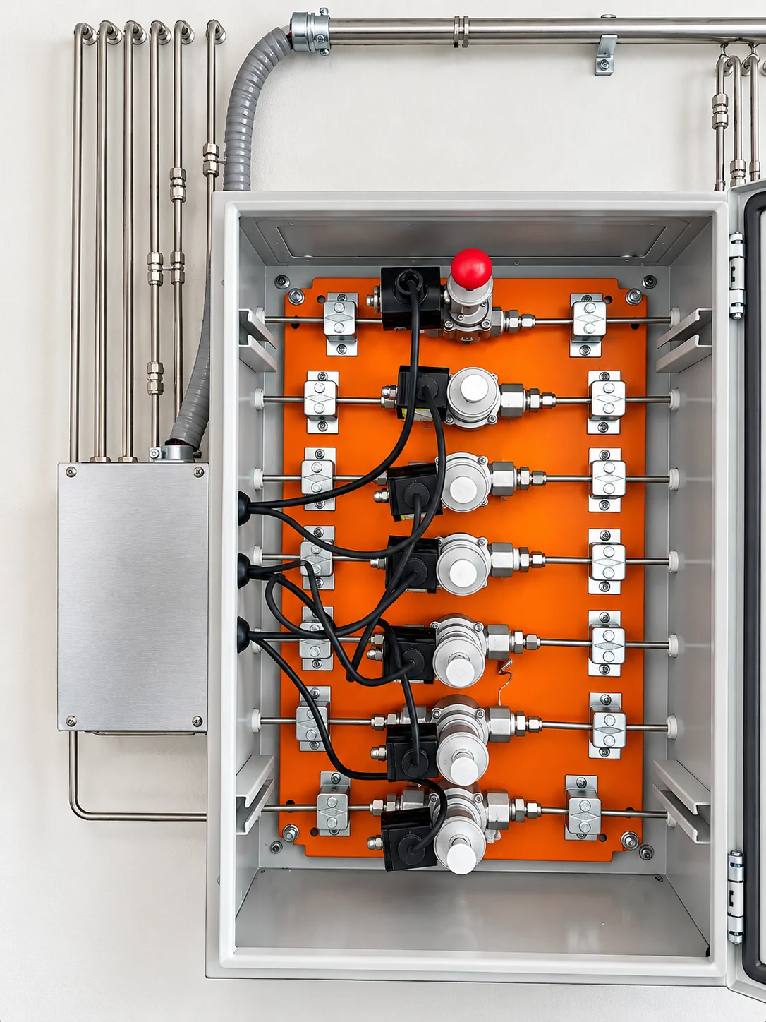 Panel de corte de gases con válvulas solenoides, reguladores y parada de emergencia