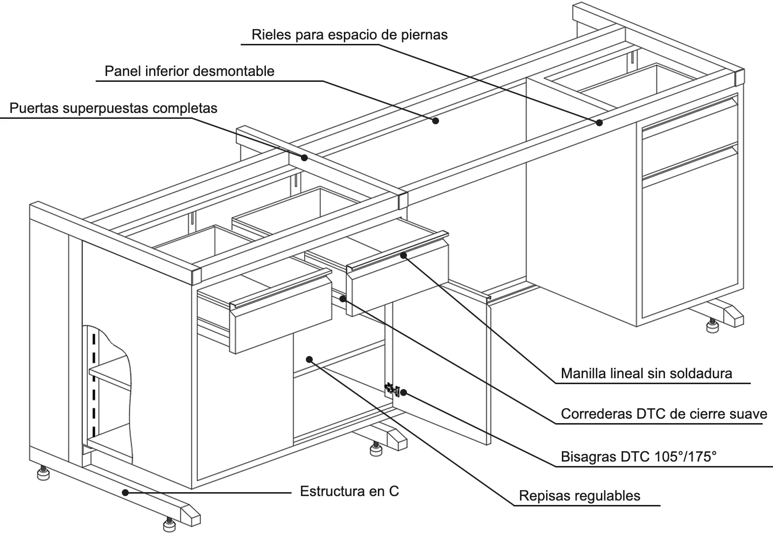 Plano de estructura del banco de laboratorio con estructura en C