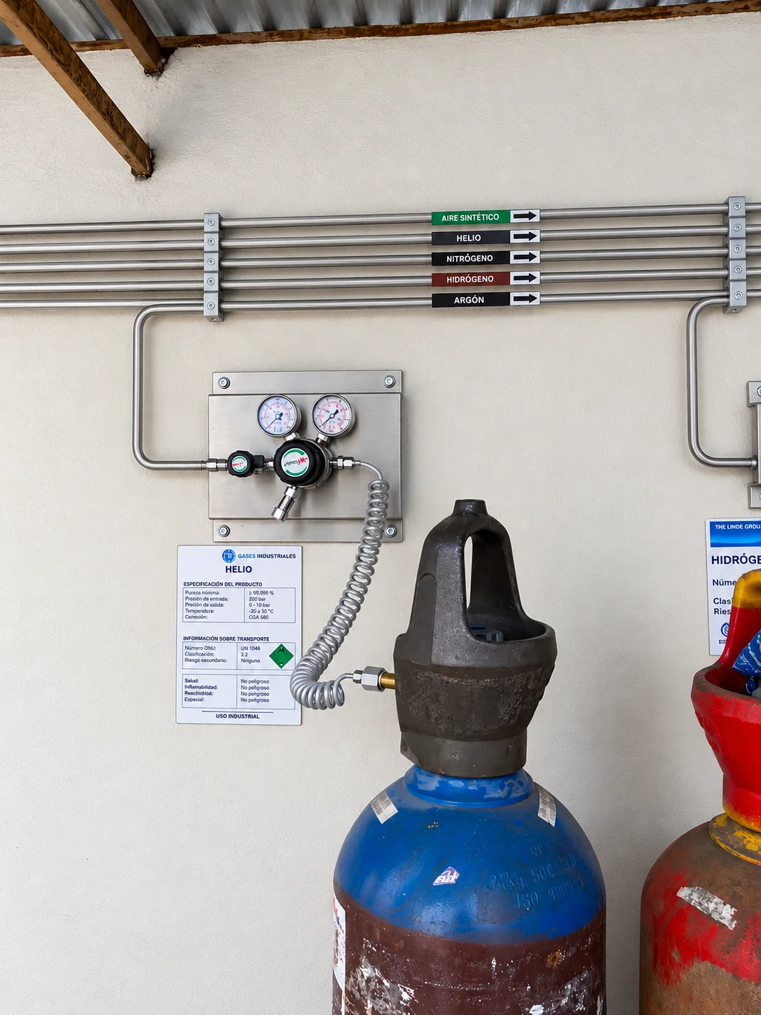 Panel de regulación de helio con líneas identificadas por gas