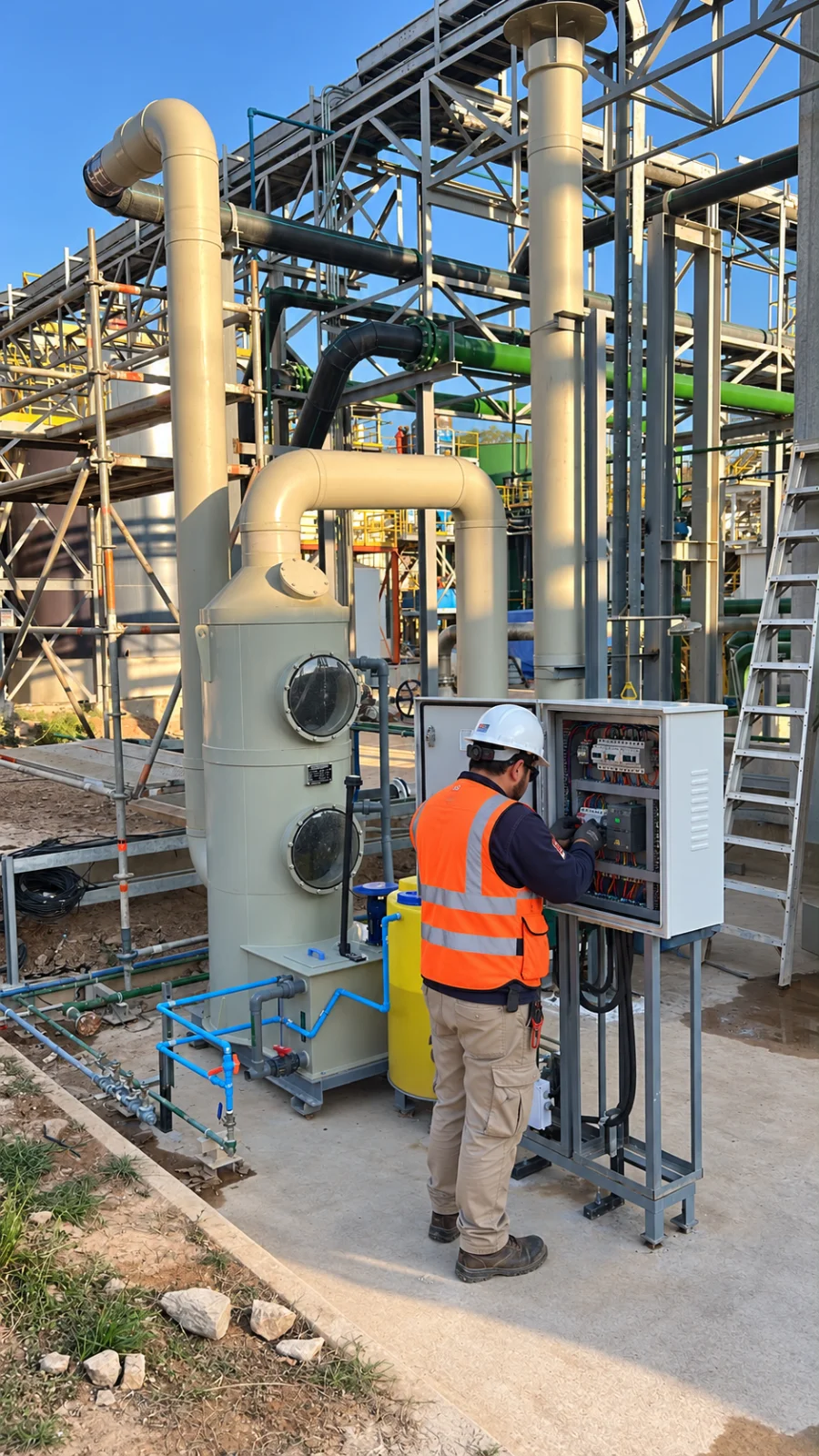 Técnico conectando el tablero de control de un scrubber en faena