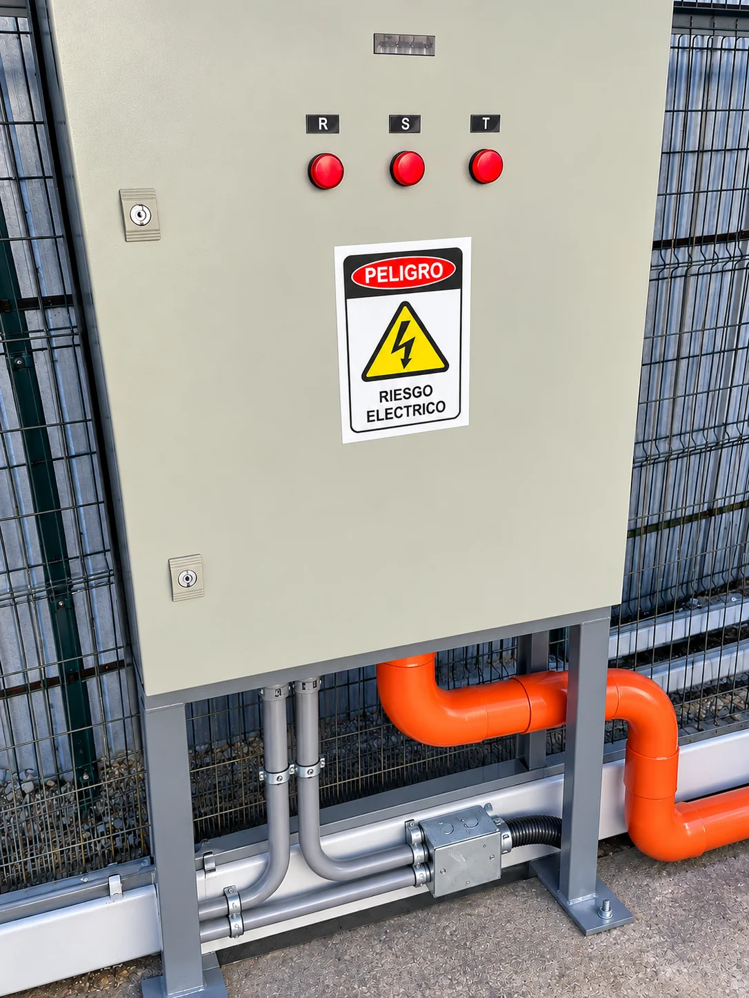 Tablero eléctrico trifásico exterior con señalización